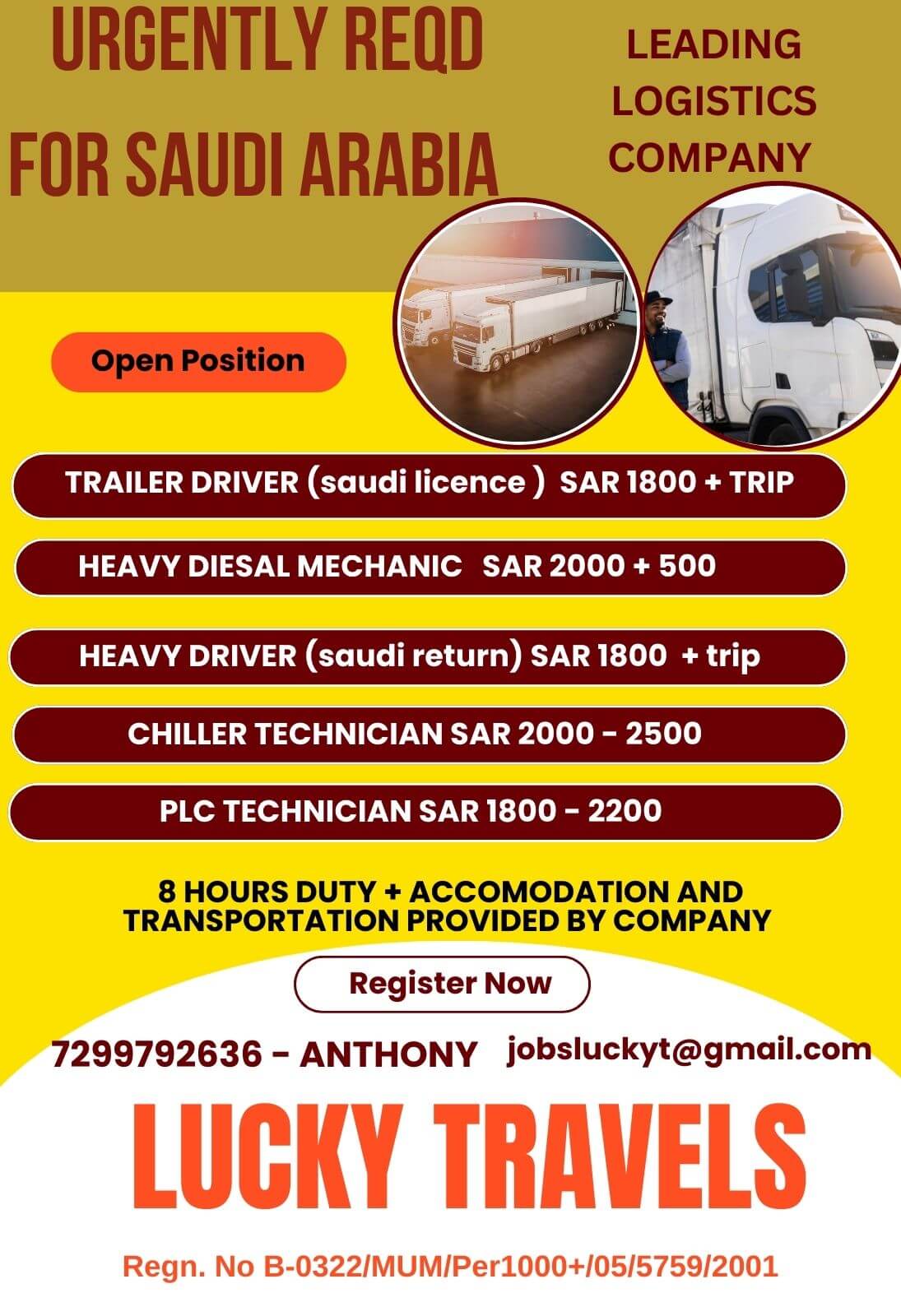 Urgently Required for LOGISTICS COMPANY for Saudi Arabia / CV Selection & Online Interview / contact for further details on 7299792636