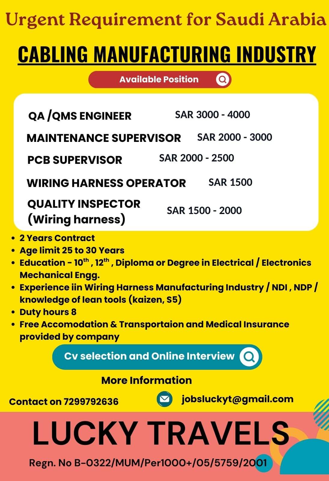 Urgently Required for Cabling company @ Saudi Arabia / CV Selection & Online Interview / contact for further details on 7299792636
