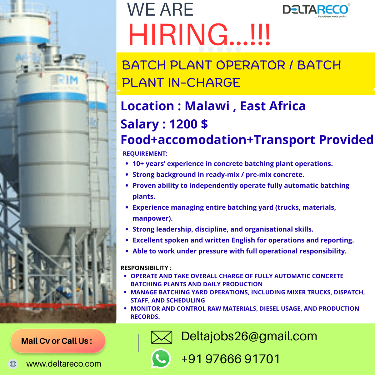 Hiring Concrete Cement Batching Plant Operator for  malawi East Africa