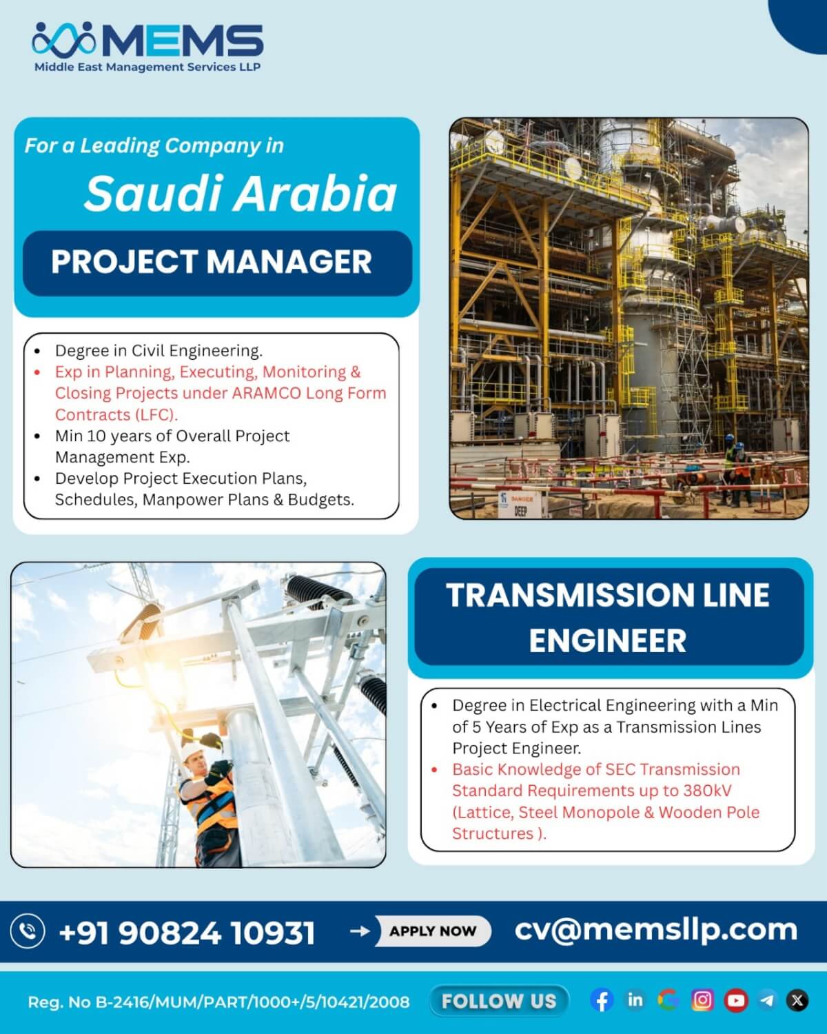 We are hiring for a Leading Company in Saudi Arabia