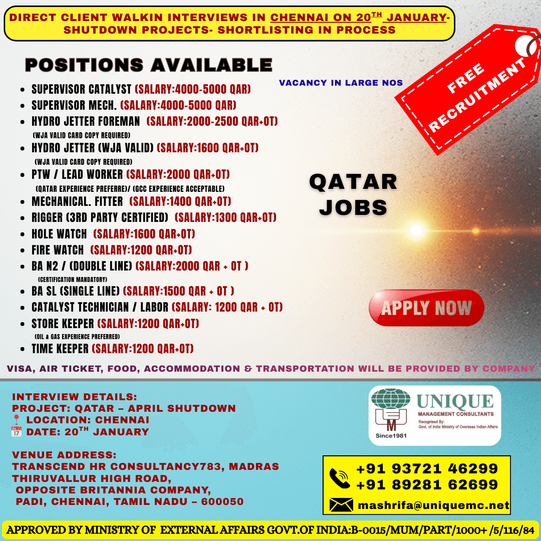 Supervisor – Catalyst  Supervisor – Mechanical  Hydro Jetter Foreman (WJA valid)  Hydro Jetter (WJA valid)  PTW / Lead Worker  Mechanical Fitter  Rigger (3rd Party Certified)  Hole Watch  Fire Watch  BA N2 (Double Line) (Certification Mandatory)  BA SL (S