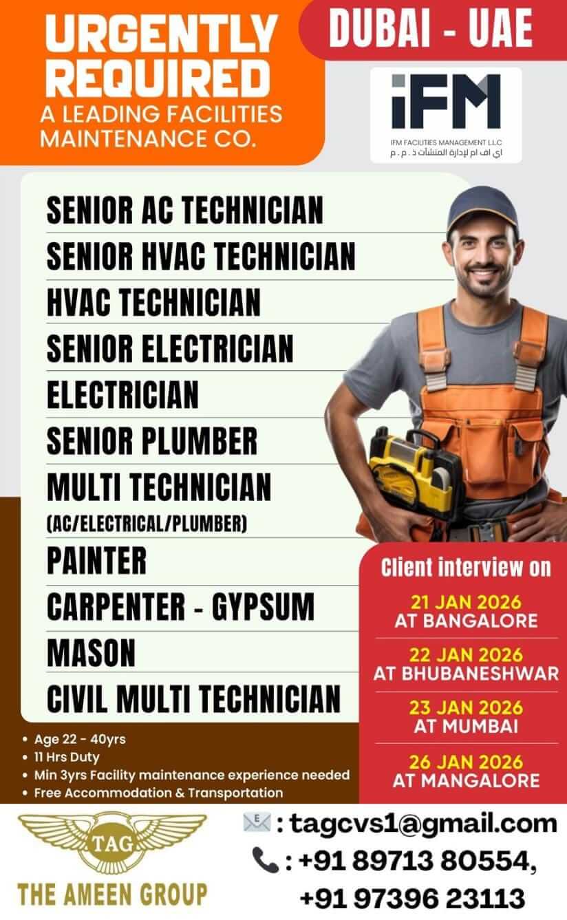 Urgently Required – Facilities Maintenance Staff – Dubai (UAE)