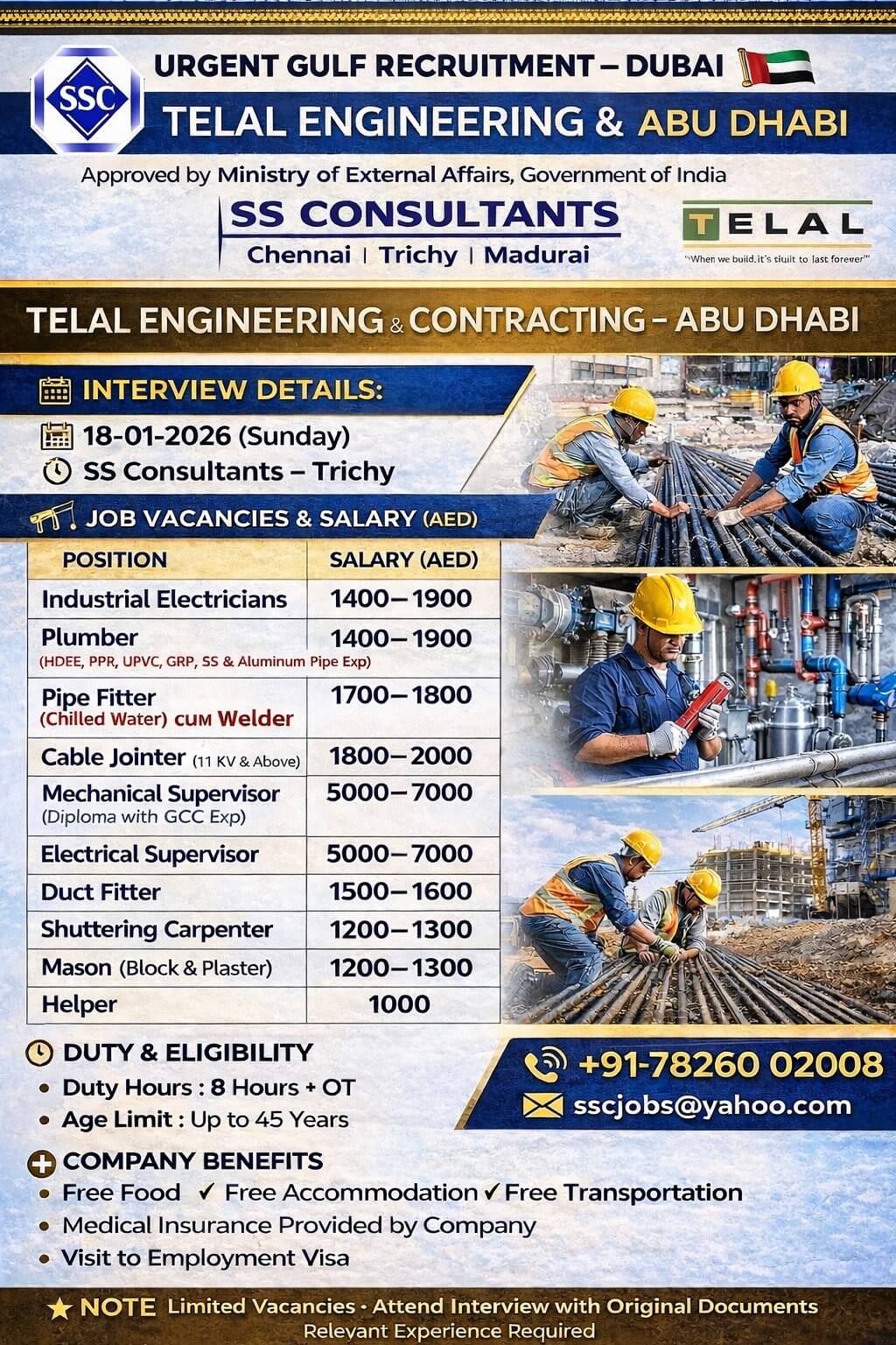 We are hiring Industrial Electricians for leading construction projects in the UAE. The role involves installation, maintenance, and troubleshooting of industrial electrical systems.  Responsibilities:  Install and maintain electrical panels, cabling, and