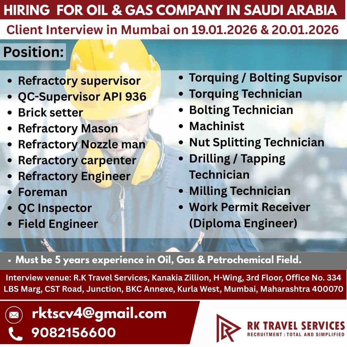 Hiring  For oil & gas Company in Saudi Arabia