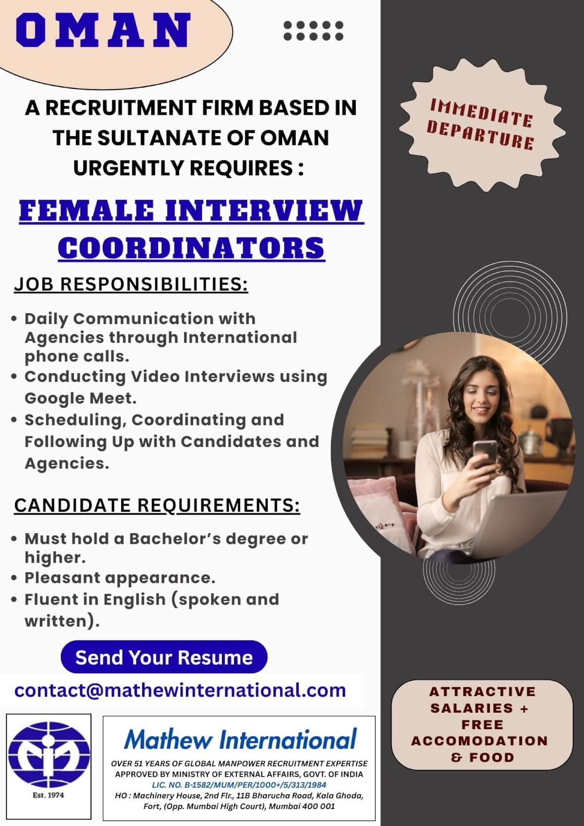 OMAN - A RECRUITMENT FIRM BASED IN THE SULTANATE OF OMAN URGENTLY REQUIRES