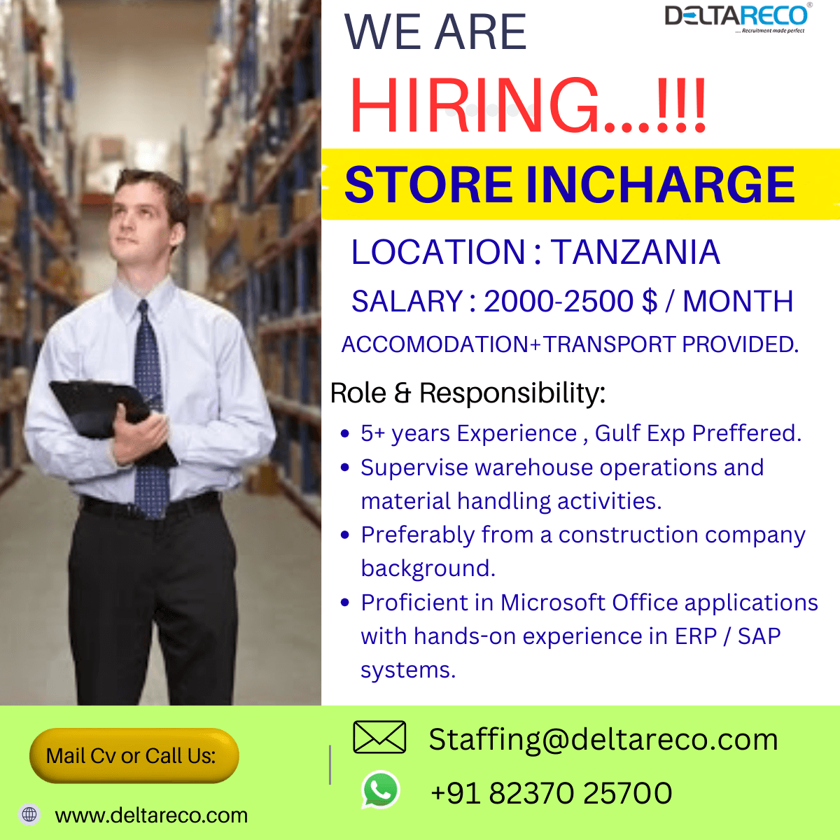 Hiring Storekeeper for Tanzania 5 Year Construction exp