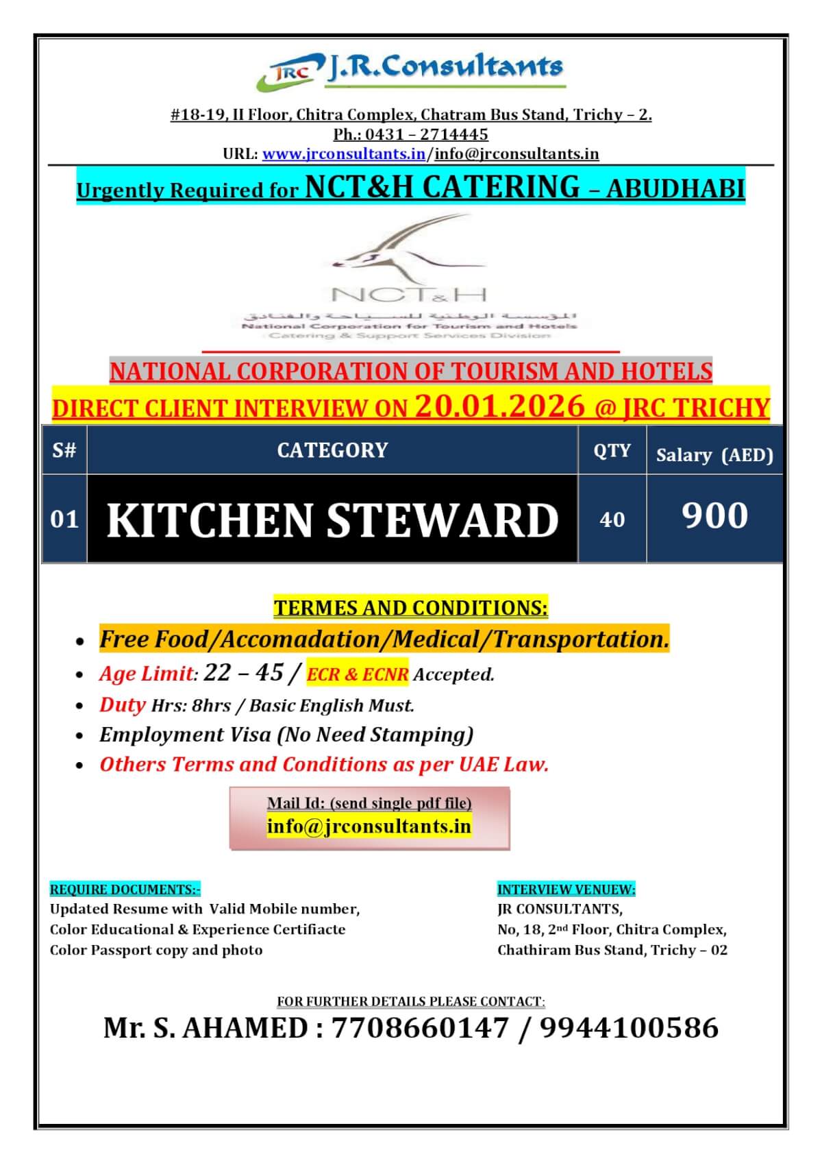 URGENTLY REQUIRED FOR A LEADING NCT &H CATERING COMPANY ABU DHABI DIRECT CLIENT INTERVIEW ON 20.01.2026 & JRC TRICHY