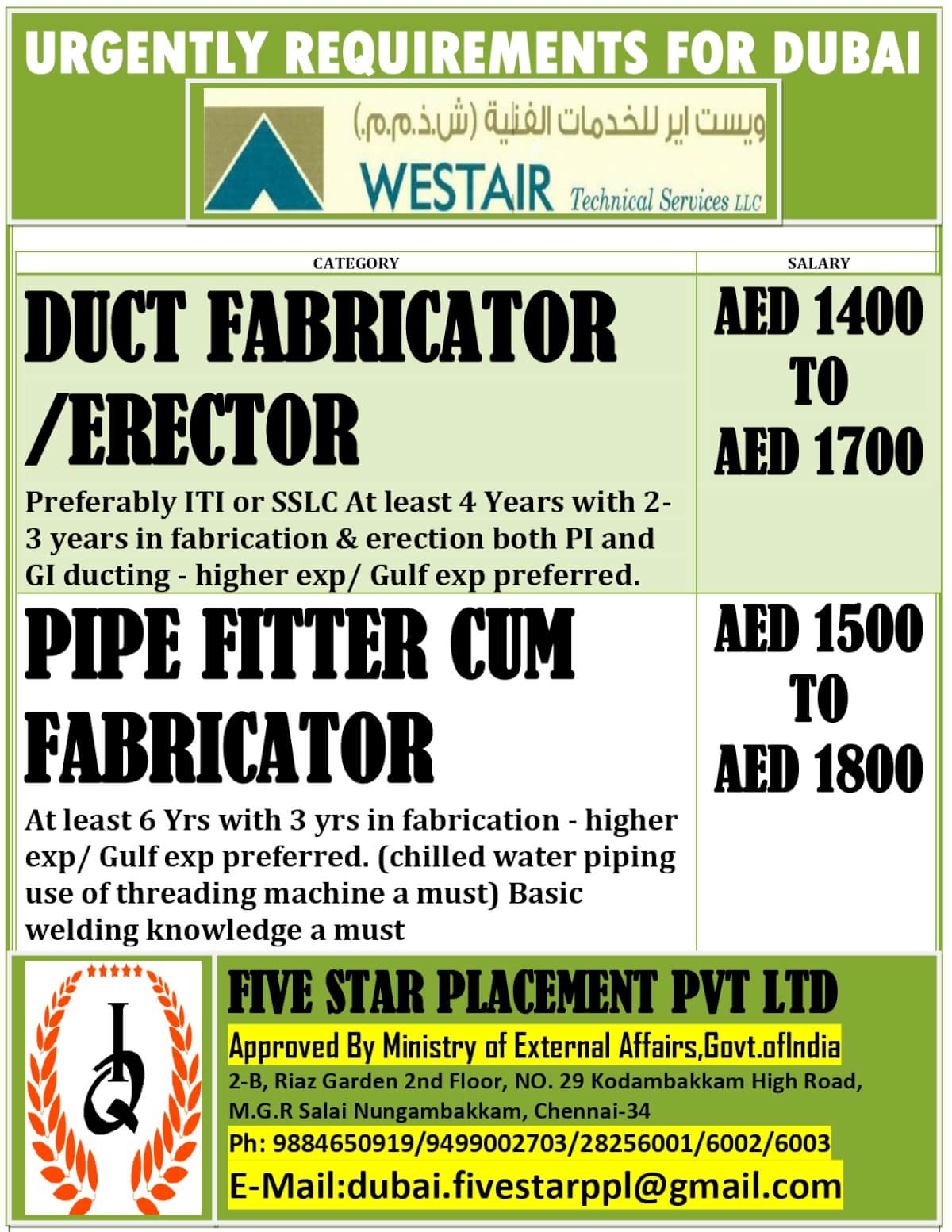 URGENT REQUIREMENT FOR  DUBAI