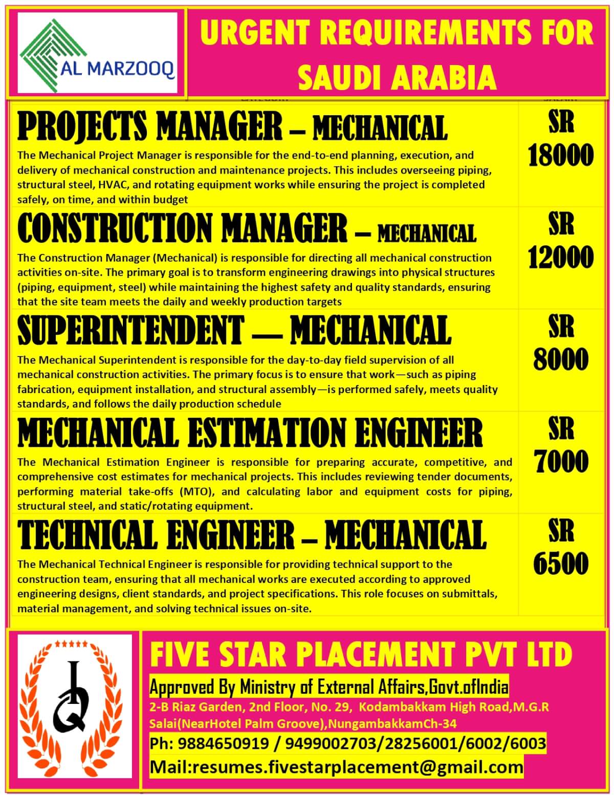 URGENT REQUIREMENT FOR SAUDI ARABIA