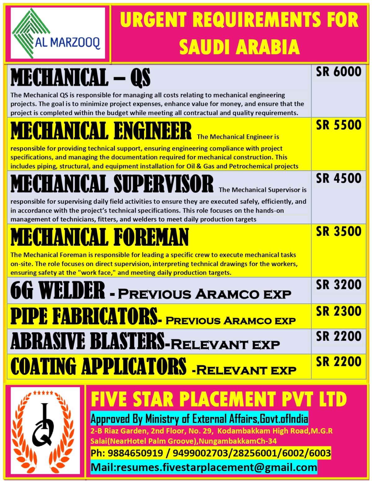 URGENT REQUIREMENT FOR SAUDI ARABIA