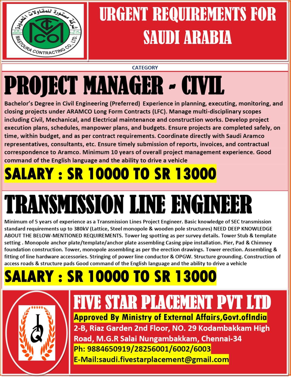 URGENT REQUIREMENT FOR SAUDI ARABIA