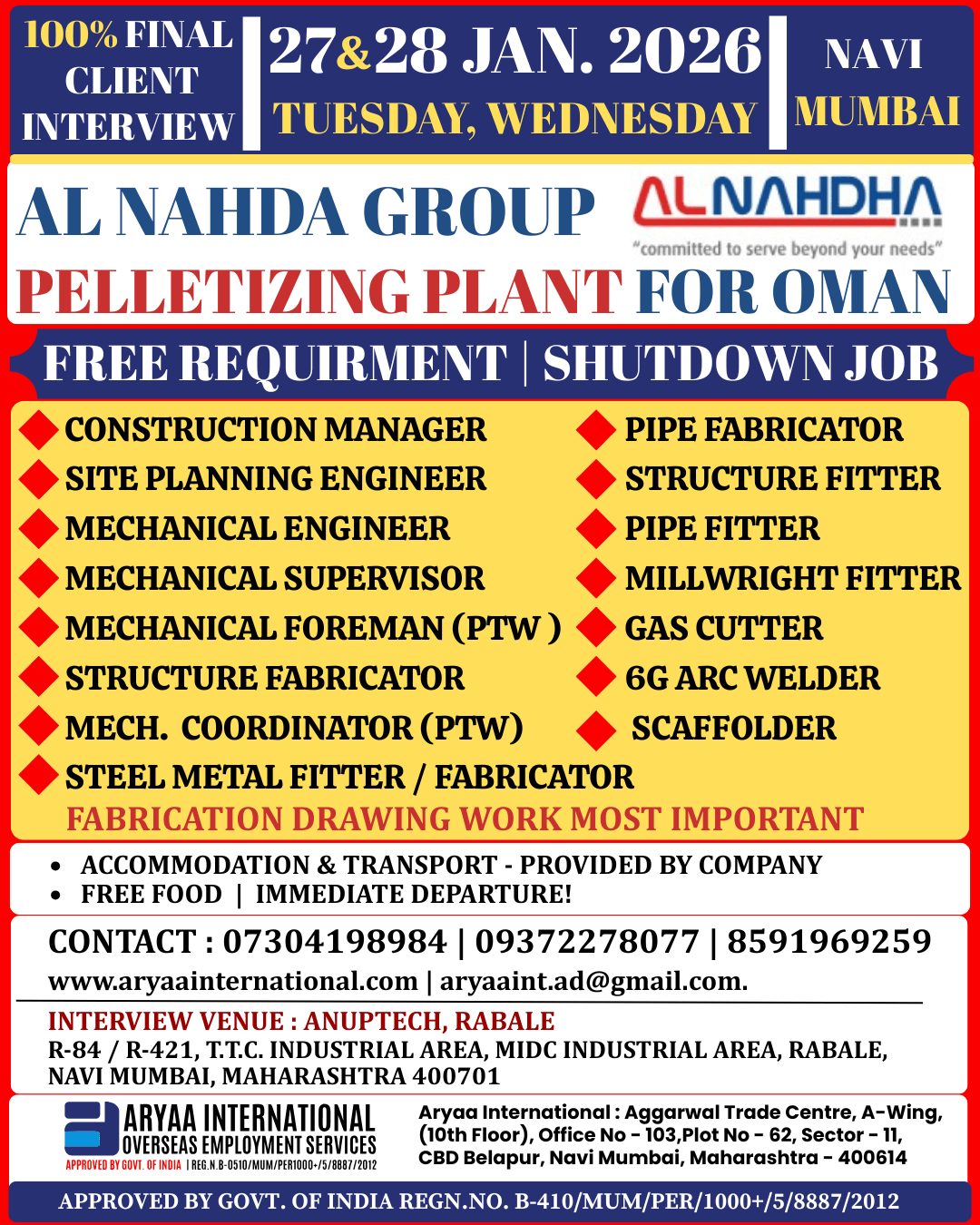 Urgently  Required for Esteemed Company in Oman  Pelletizing Plant (Shutdown Job)
