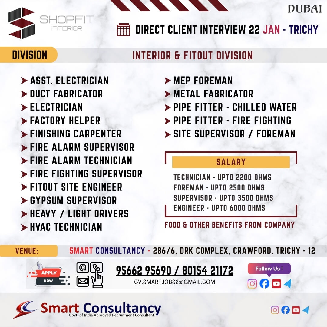 WANTED FOR A LEADING INTERIOR DESIGNING COMPANY (DUBAI) DIRECT CLIENT INTERVIEW ON 22 JAN - TRICHY