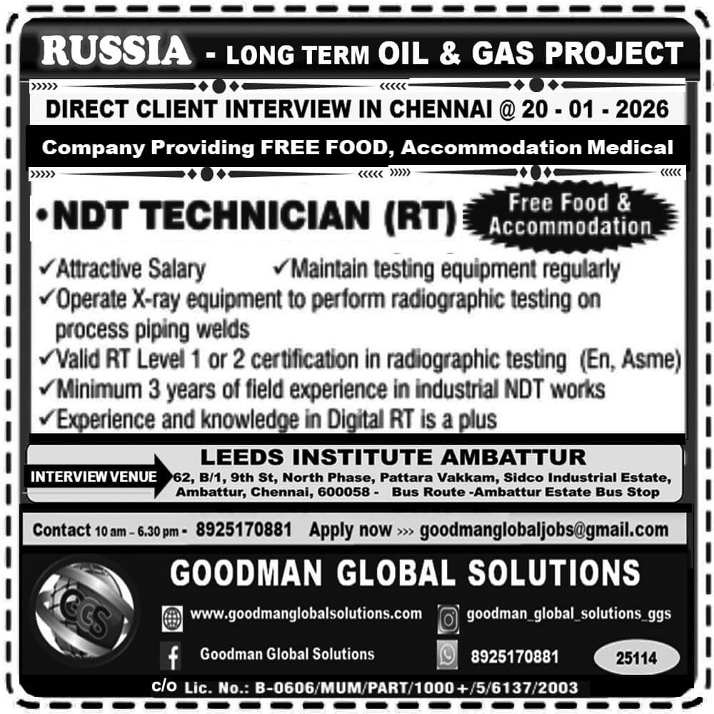 RUSSIA LONG TERM OIL & GAS PROJECT  DIRECT CLIENT INTERVIEW IN CHENNAI - 20 /01/2026