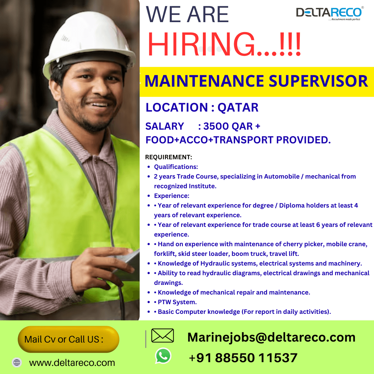 Hiring Maintenance Supervisor for  Qatar