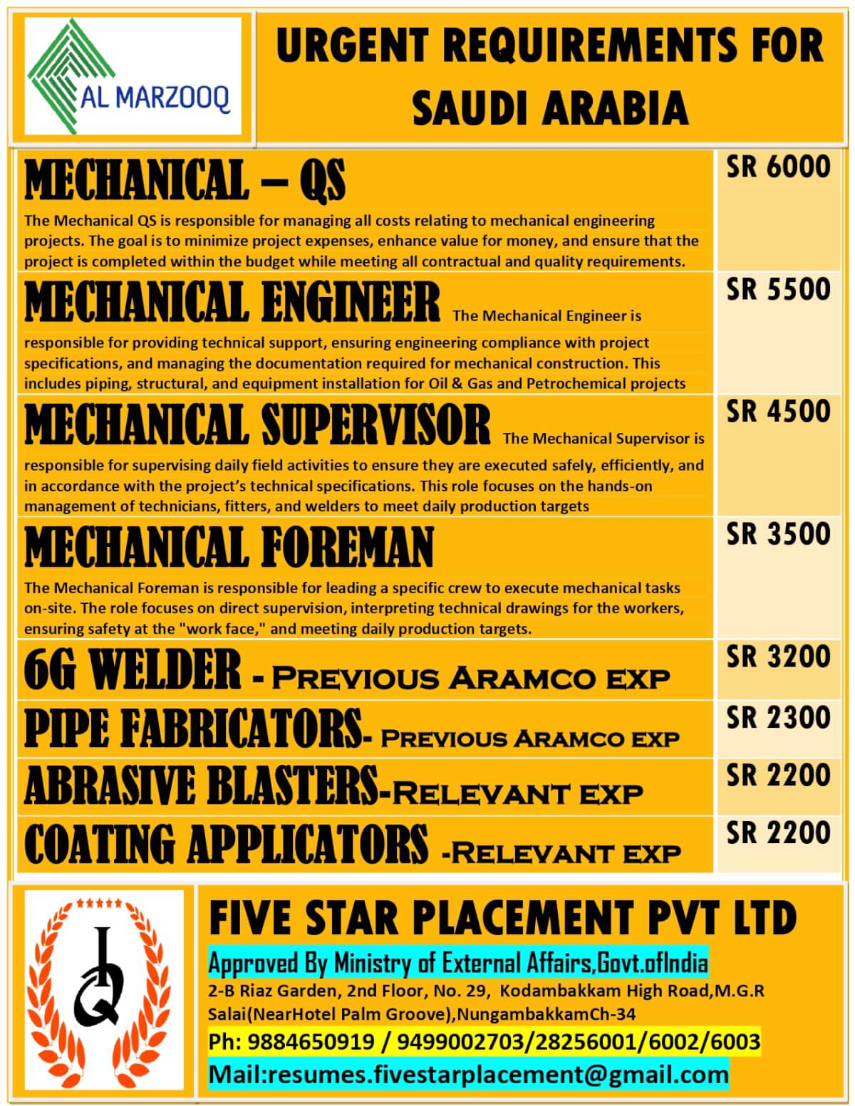 URGENT REQUIREMENT FOR SAUDI ARABIA