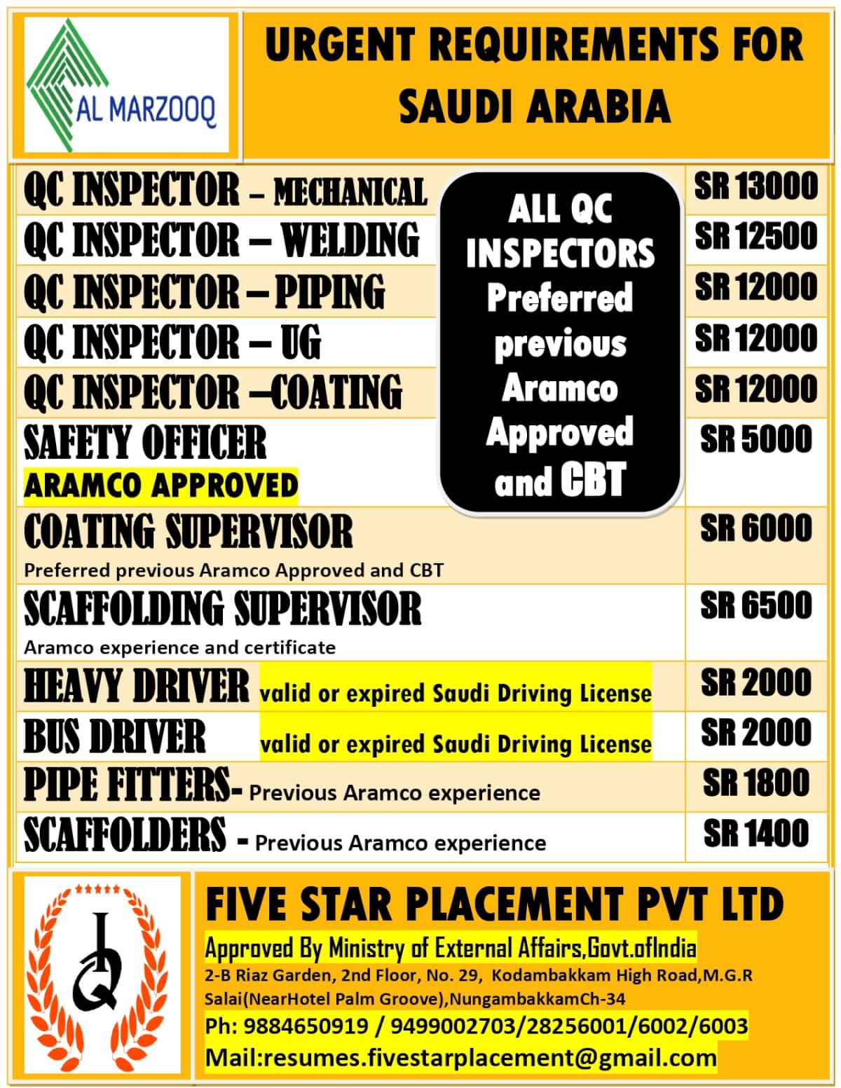 URGENT REQUIREMENT FOR SAUDI ARABIA