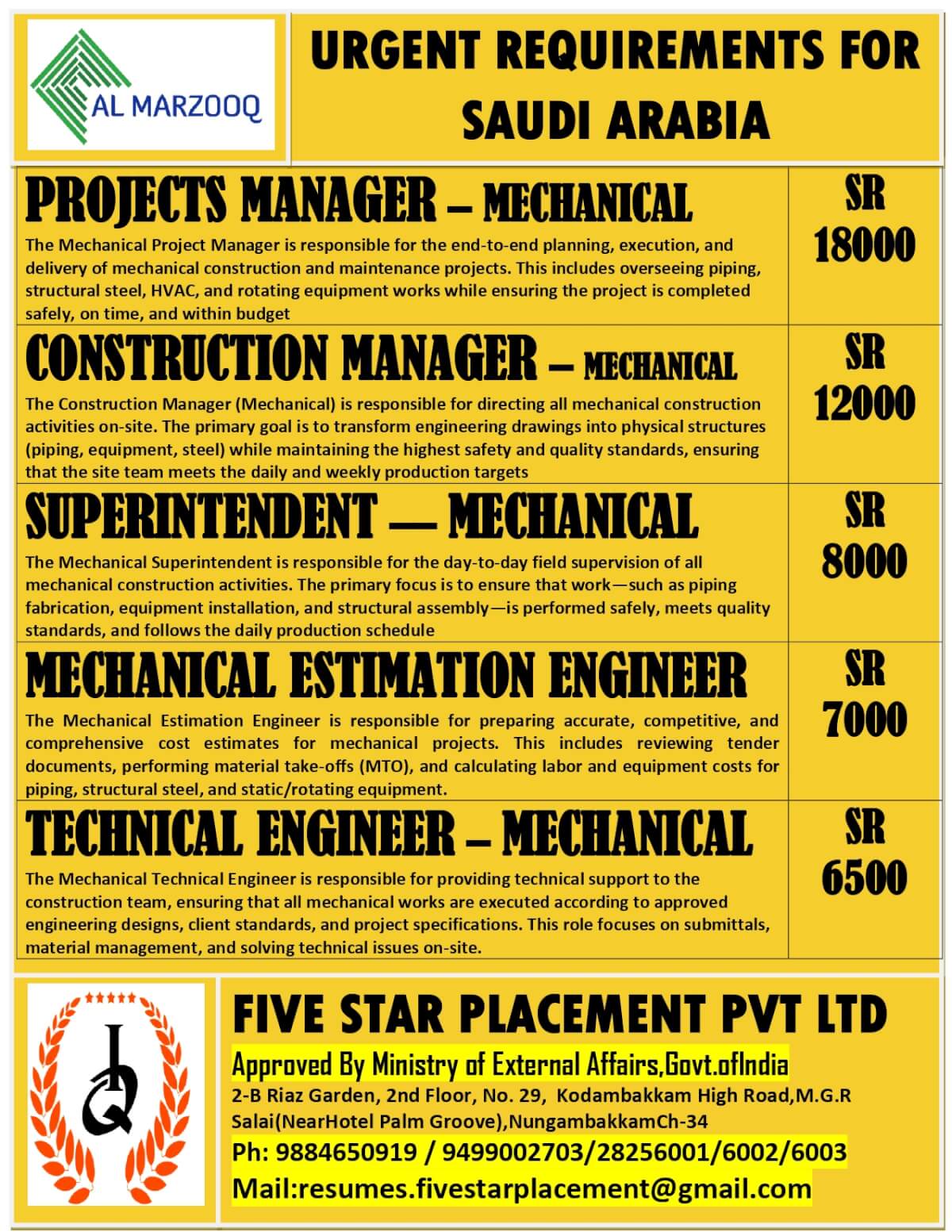 URGENT REQUIREMENT FOR SAUDI ARABIA