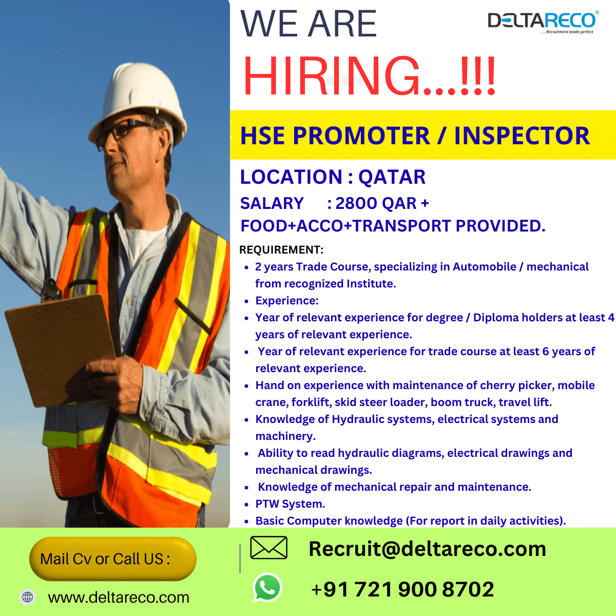 Hiring  HSE Inspector for  Qatar