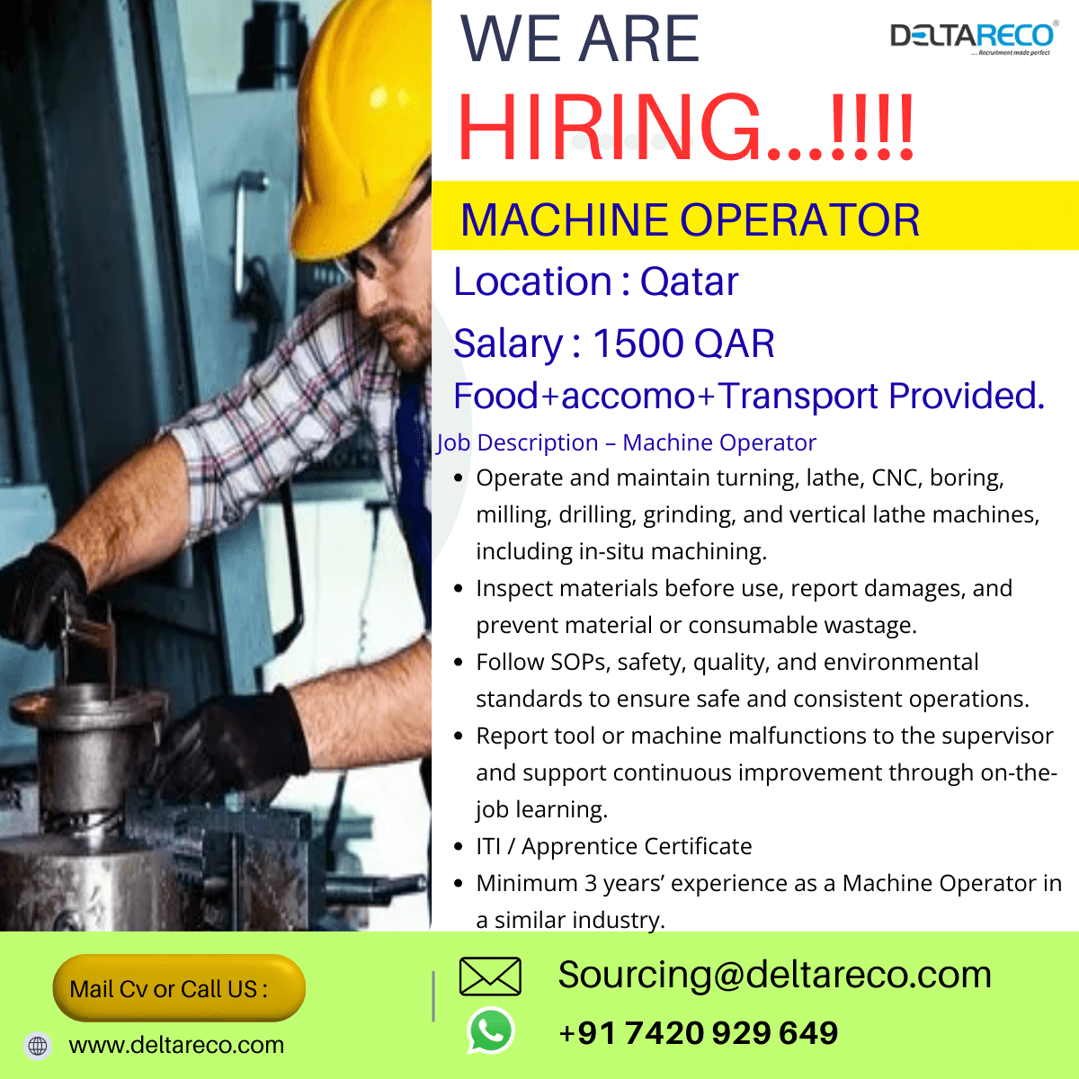 Hiring Cnc Senior and junior operator for a Shipyard in Qatar