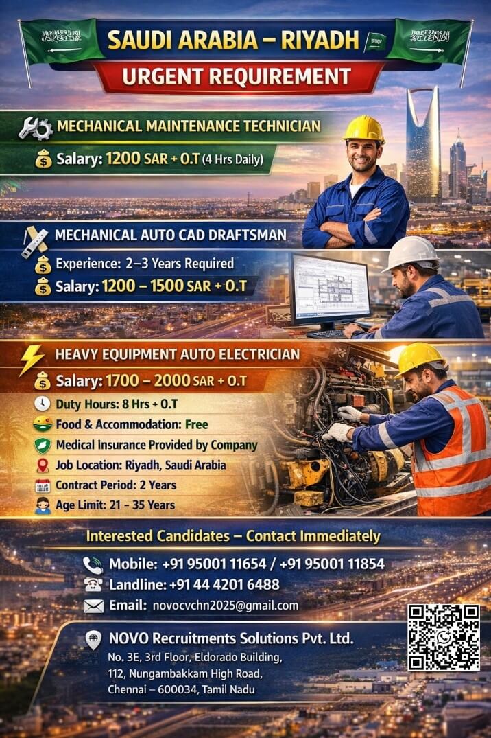 1. MECHANICAL MAINTENANCE TECHNICIAN  2. MECHANICAL AUTO CAD DRAFTSMAN 3.HEAVY EQUIPMENT AUTO ELECTRICIAN