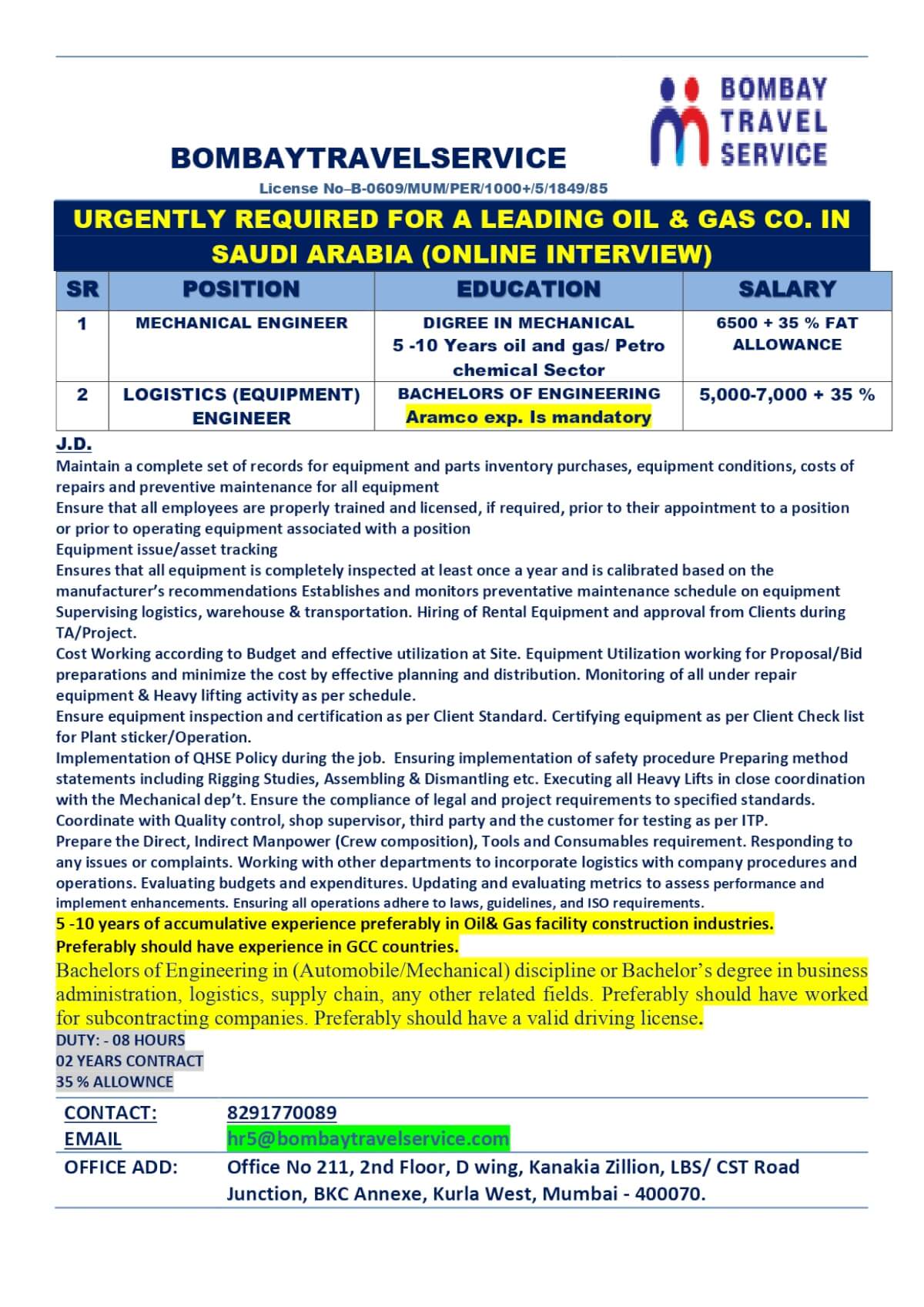 URGENTLY HIRING LEADING F.M CO. SAUDI ARABIA