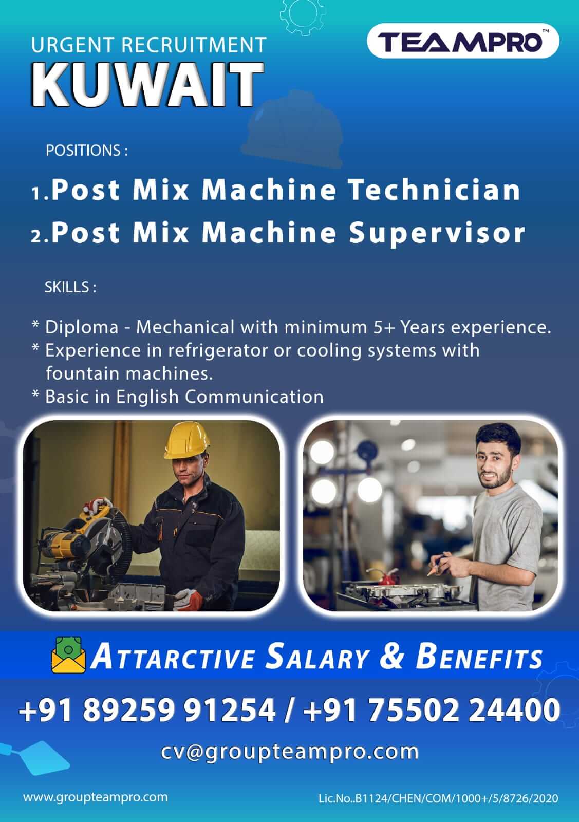 Post Mix Machine Technician  , Post Mix Machine Supervisor