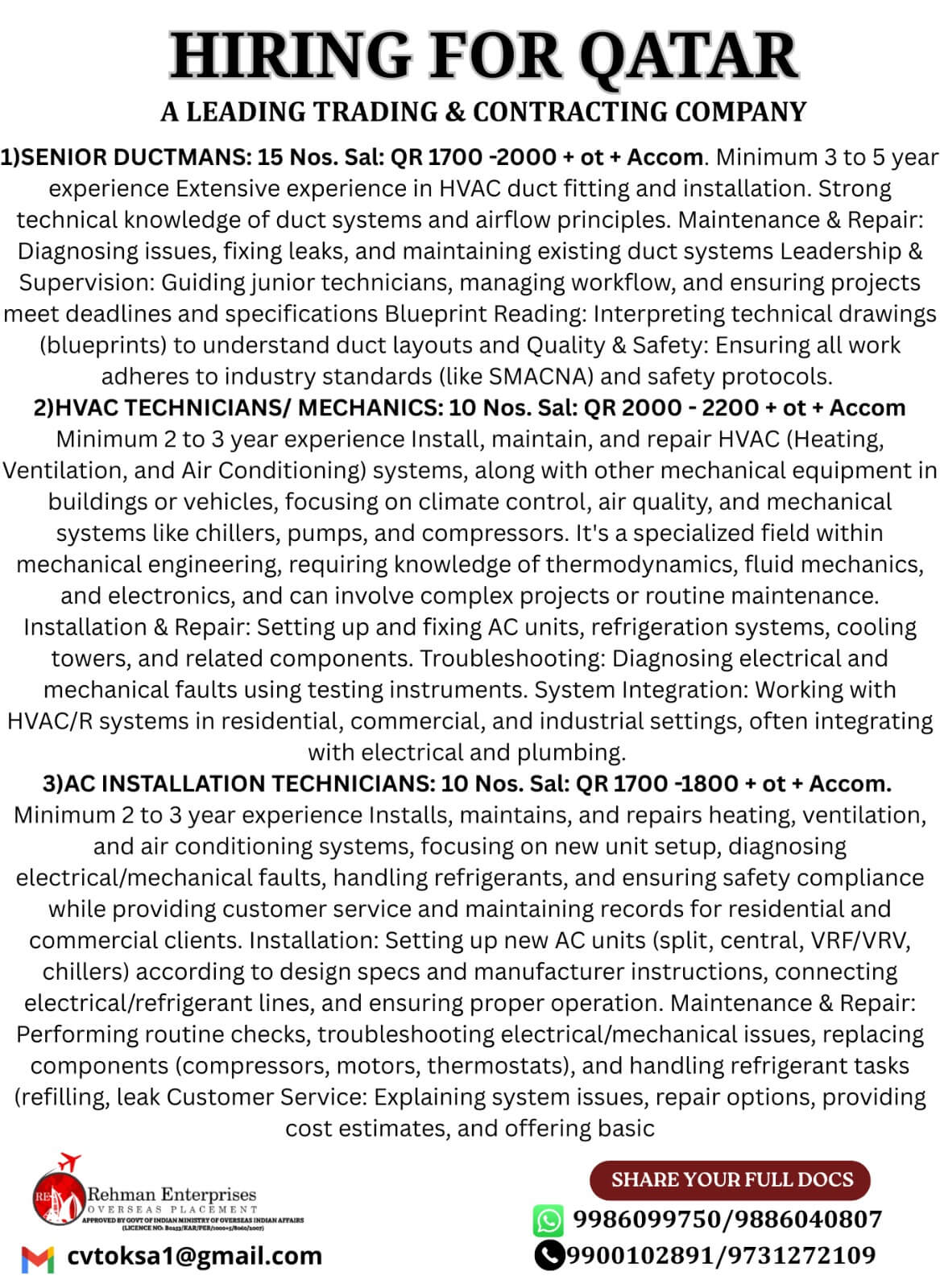 HIRING FOR A LEADING TRADING AND CONTRACTING COMPANY IN QATAR