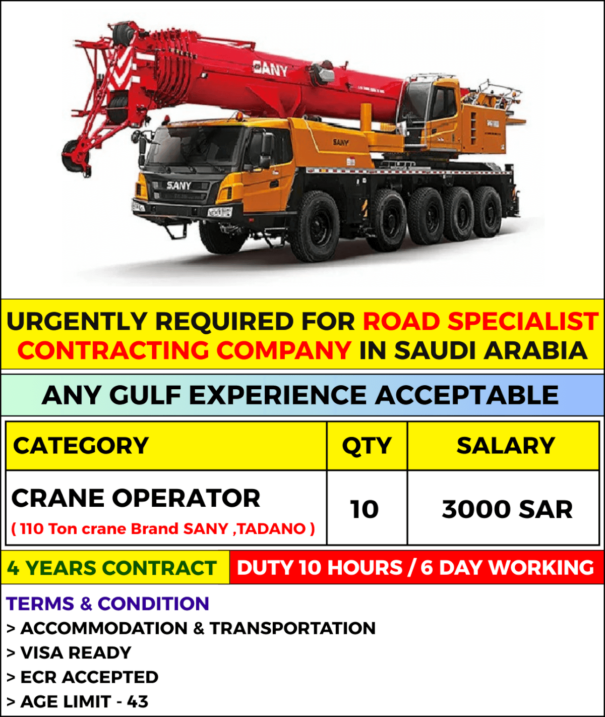 URGENTLY REQUIRED FOR ROAD SPECIALIST CONTRACTING COMPANY IN SAUDI ARABIA