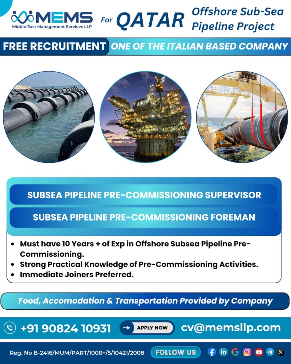 We are hiring for One of the Italian Based Company in QATAR