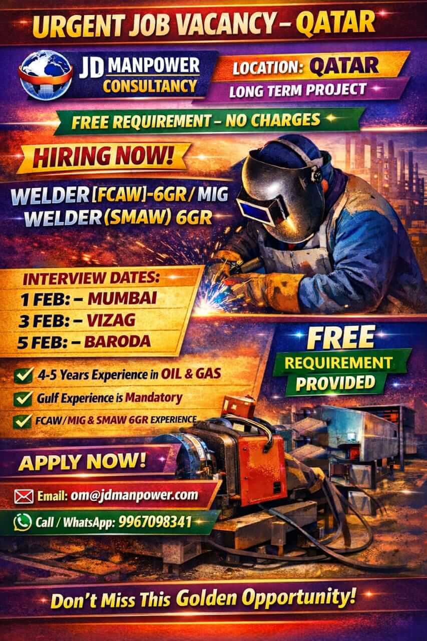 Urgent Vacancy for Qatar( Fcaw / Smaw / 6GR- WELDER)