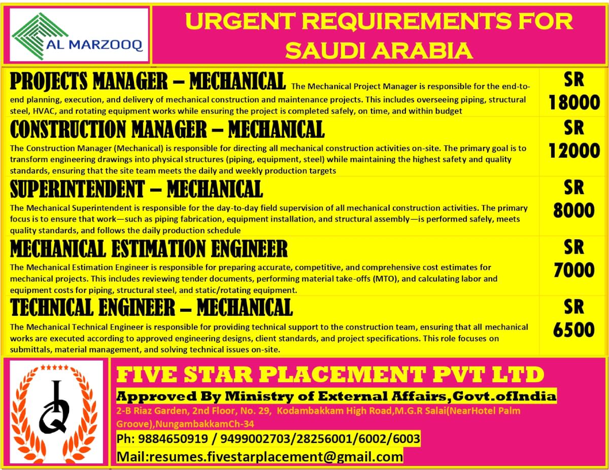 URGENT REQUIREMENT FOR SAUDI ARABIA