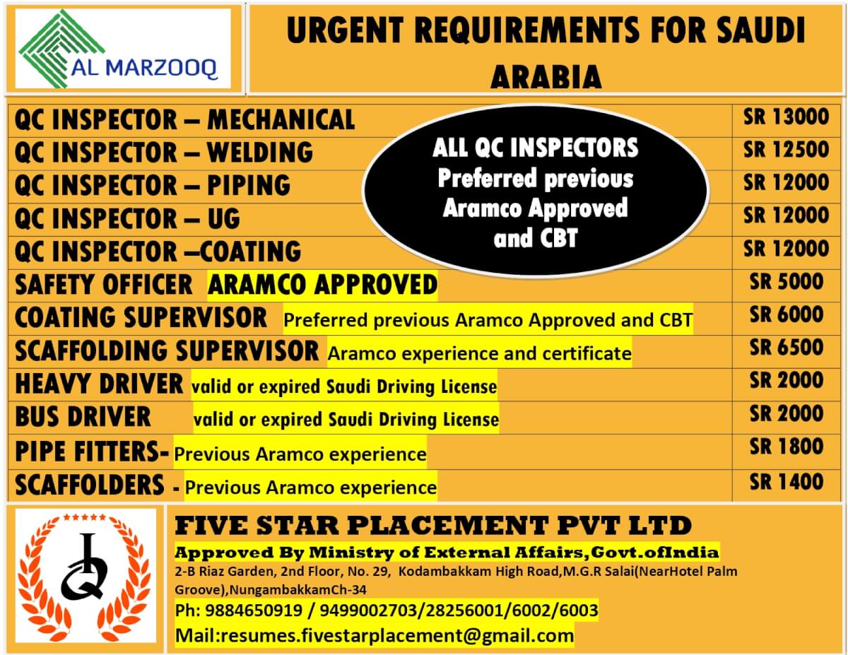 URGENT REQUIREMENT FOR SAUDI ARABIA