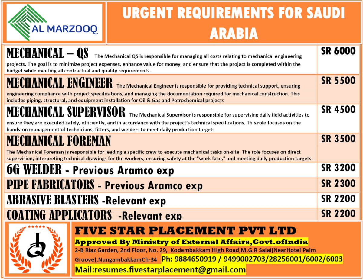 URGENT REQUIREMENT FOR SAUDI ARABIA
