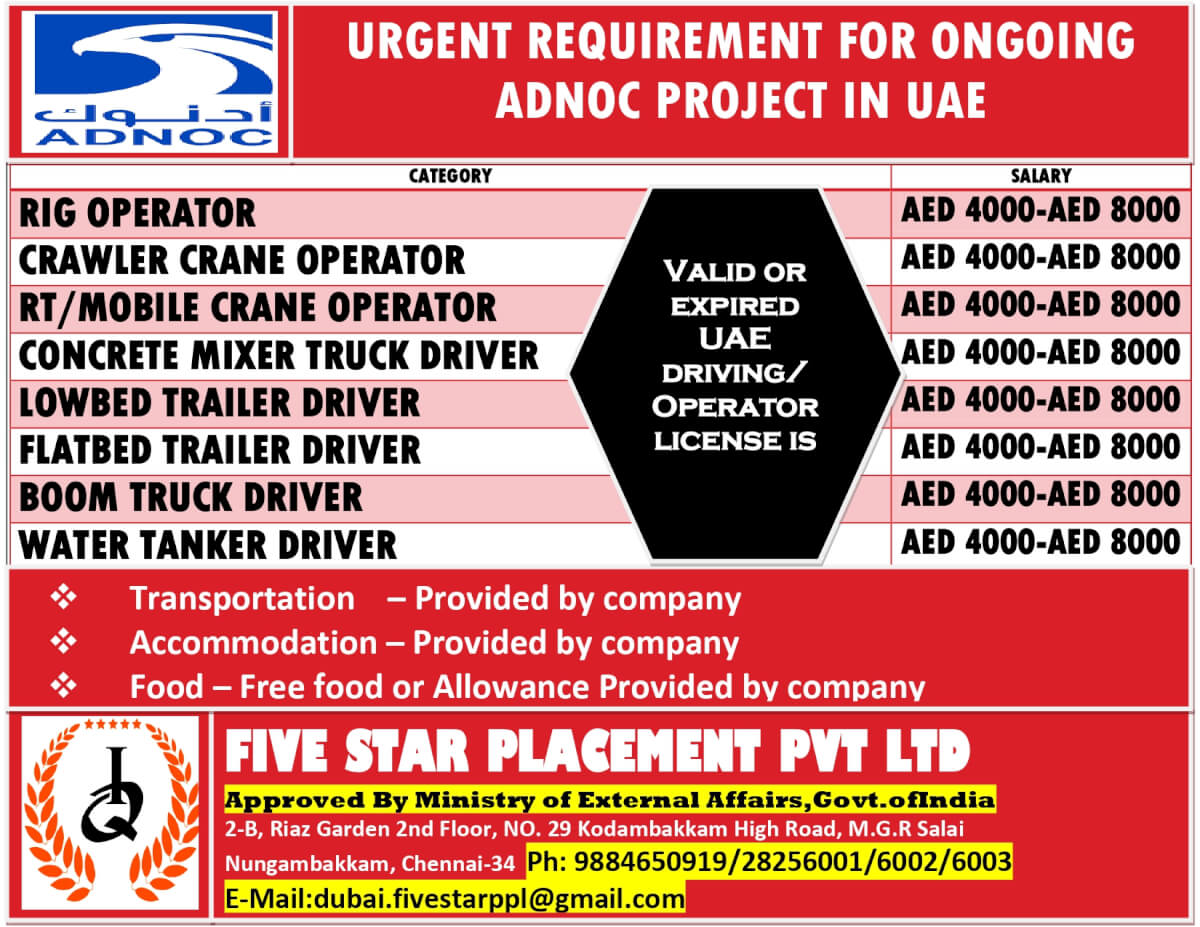 URGENT REQUIREMENT FOR ONGOING ADNOC PROJECT IN UAE