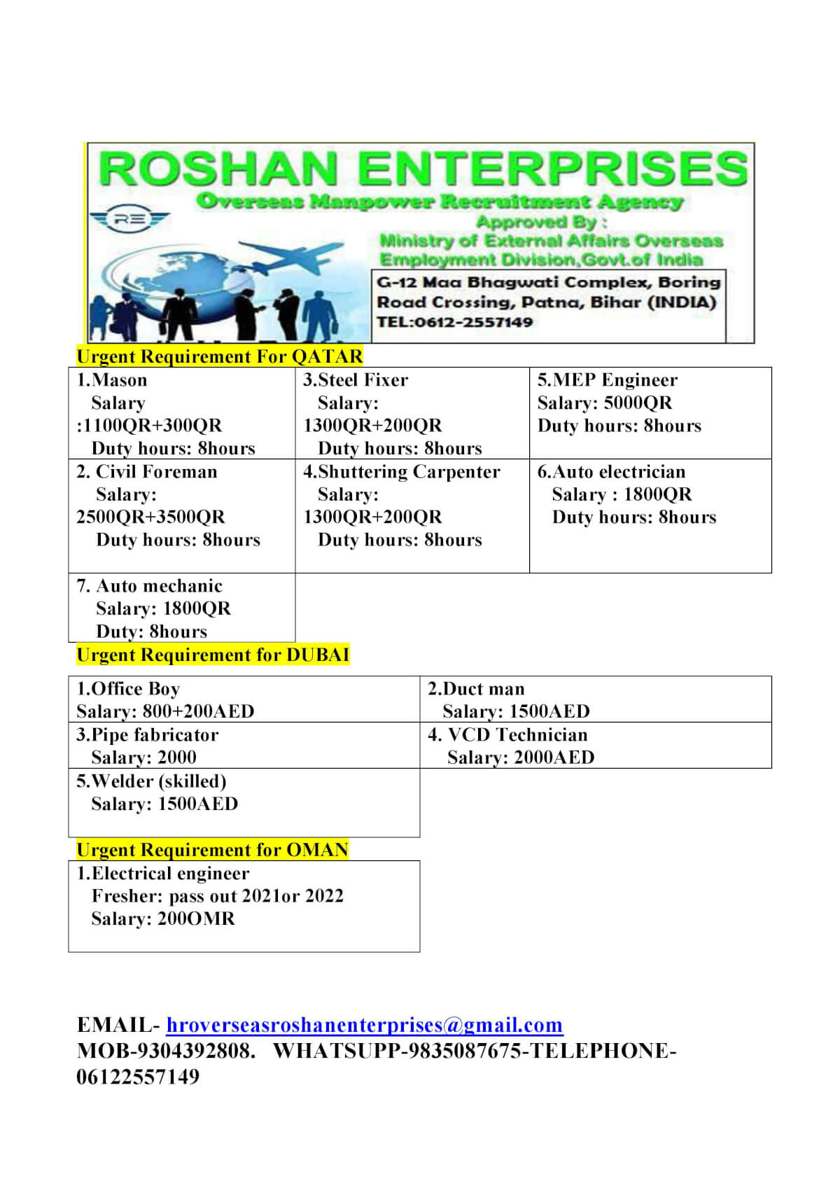 Urgent requirement  for gulf countries