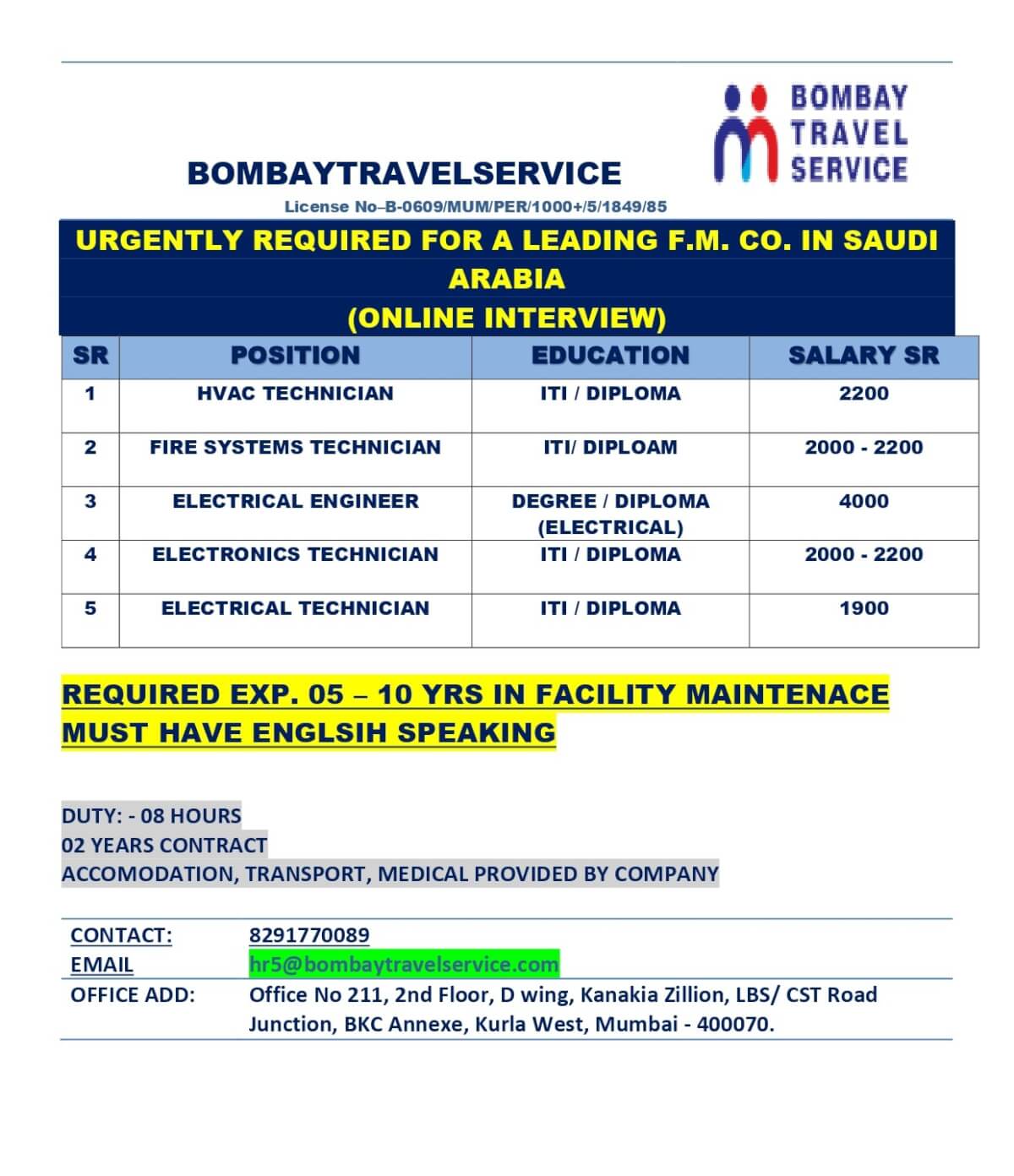 URGENTLY HIRING F.M CO. SAUDI ARABIA