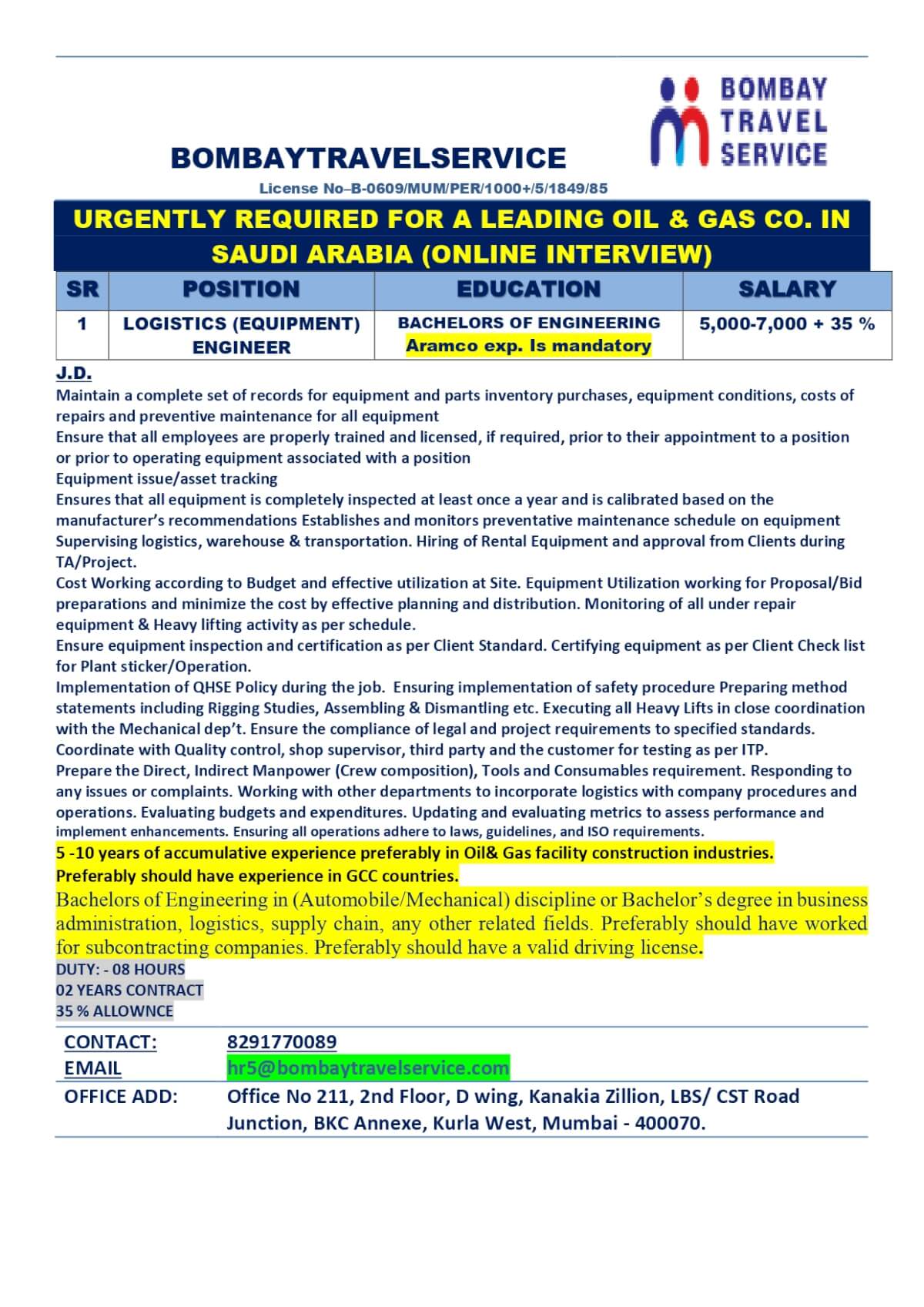 URGENTLY HIRING LOGISTC OFFICER FOR LEADING OIL & GAS CO. SAUDI ARABIA