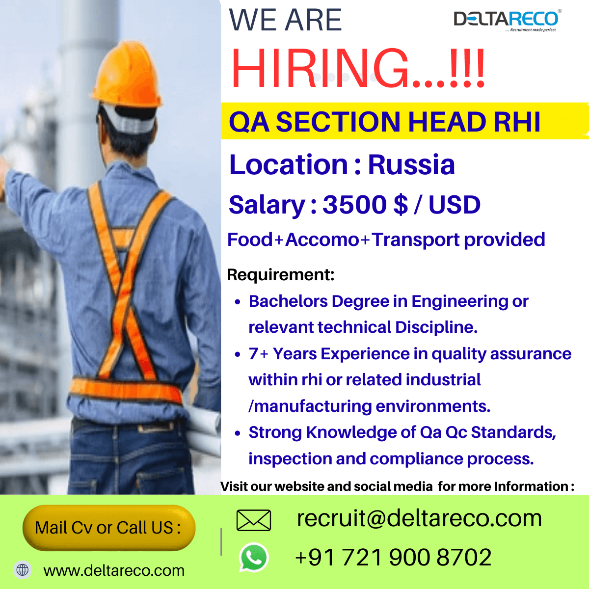 Hiring Qa Section Head RHI for  Russia location