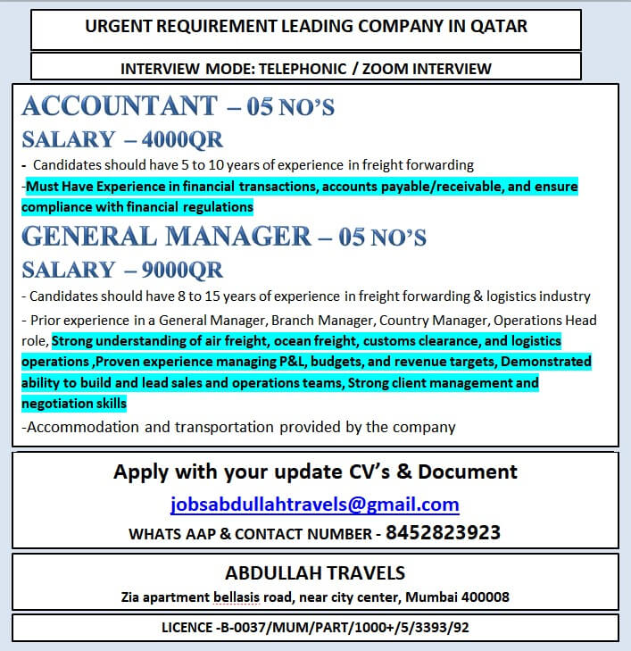 URGENT REQUIREMENT LEADING COMPANY IN QATAR