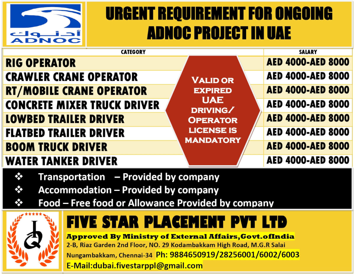 URGENT REQUIREMENT FOR ONGOING ADNOC PROJECT IN UAE