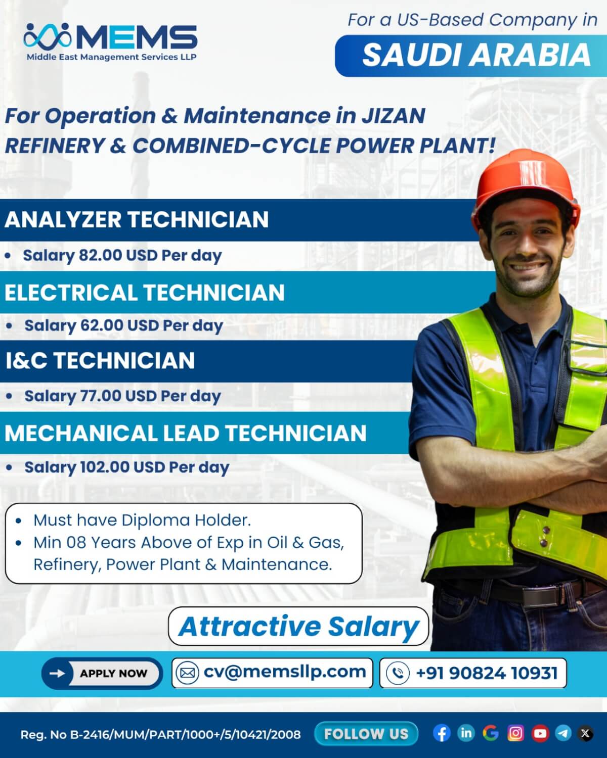 We are hiring for Operation & Maintenance in JIZAN Refinery & Combined-Cycle Power Plant !