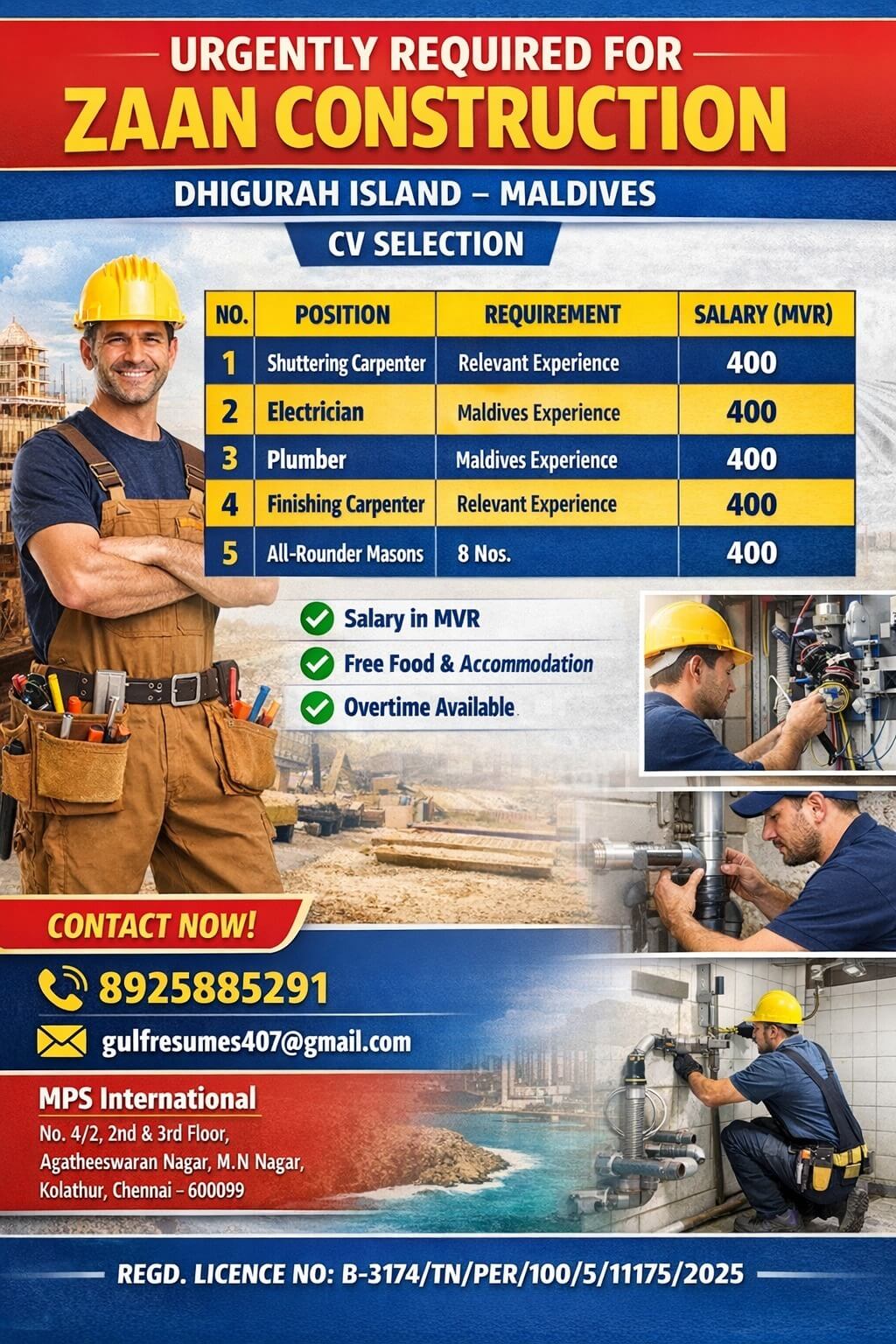 URGENTLY REQUIRED FOR ZAAN CONSTRUCTION DHIGURAH ISLAND – MALDIVES