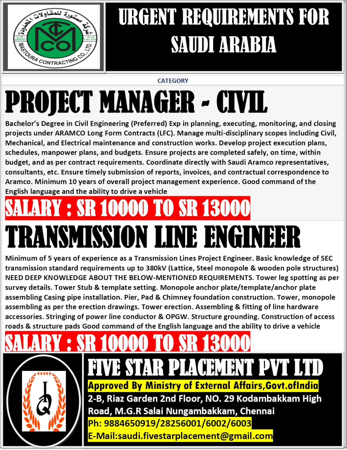 URGENT REQUIREMENT FOR SAUDI ARABIA