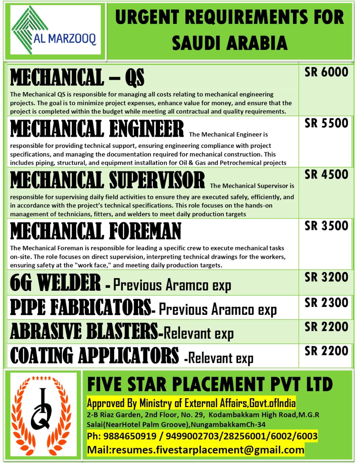URGENT REQUIREMENT FOR SAUDI ARABIA