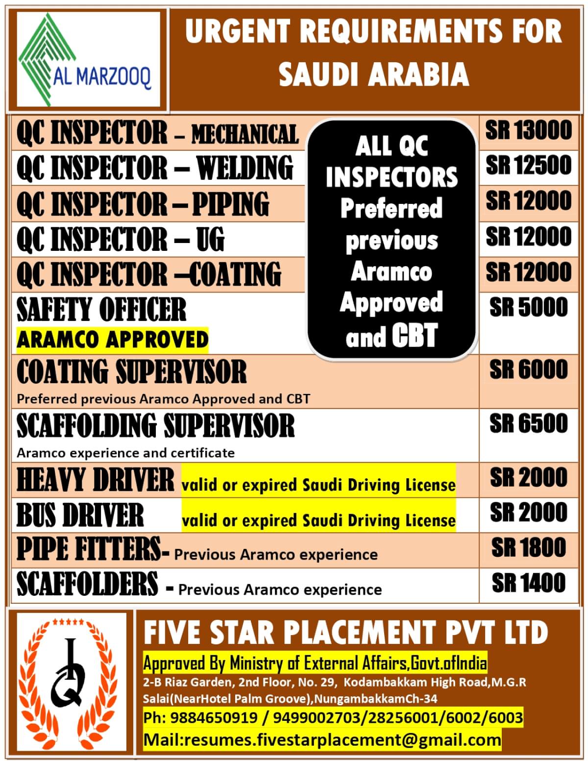 URGENT REQUIREMENT FOR SAUDI ARABIA