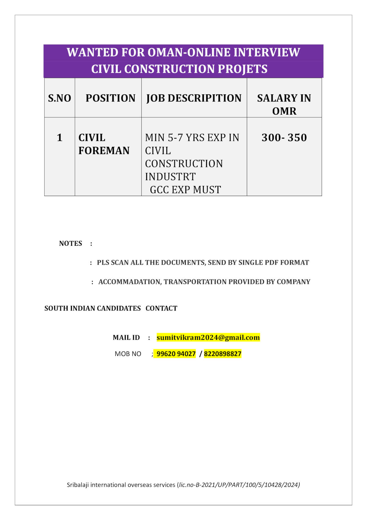 WANTED FOR OMAN-ONLINE INTERVIEW (CIVIL PROJECT)