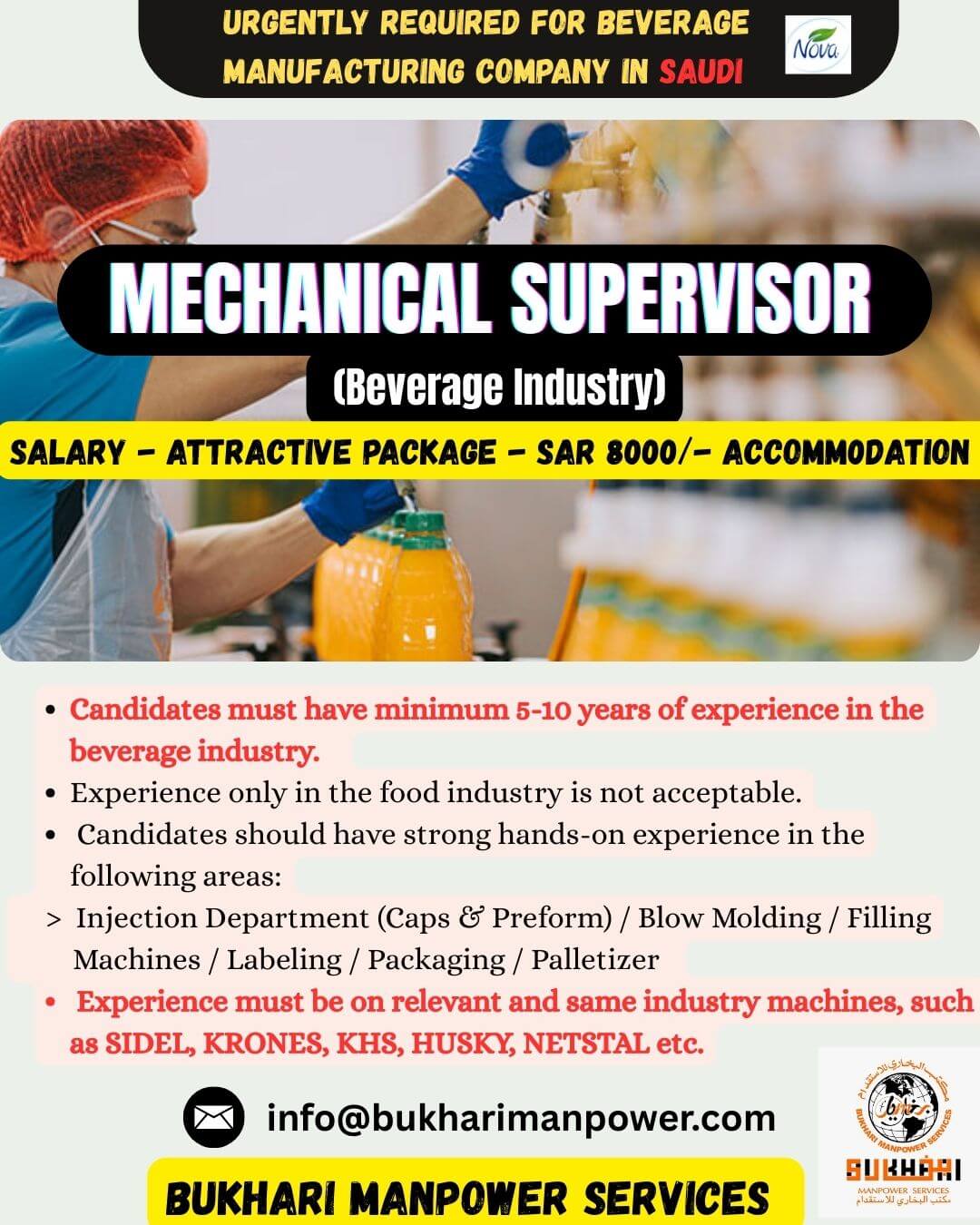 URGENTLY REQUIRED FOR BEVERAGE MANUFACTURING COMPANY IN SAUDI