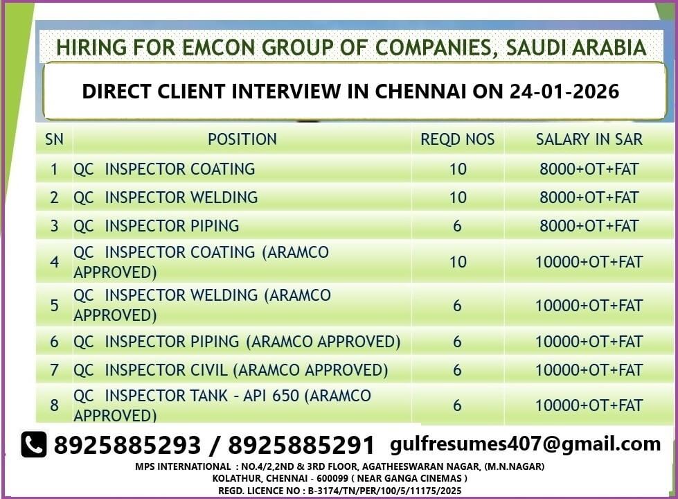 HIRING FOR EMCON GROUP OF COMPANIES – SAUDI ARABIA CLIENT INTERVIEW @ CHENNAI ON 24/01/2026 HIRING FOR EMCON GROUP OF COMPANIES – SAUDI ARABIA CLIENT INTERVIEW @ CHENNAI ON 24/01/2026