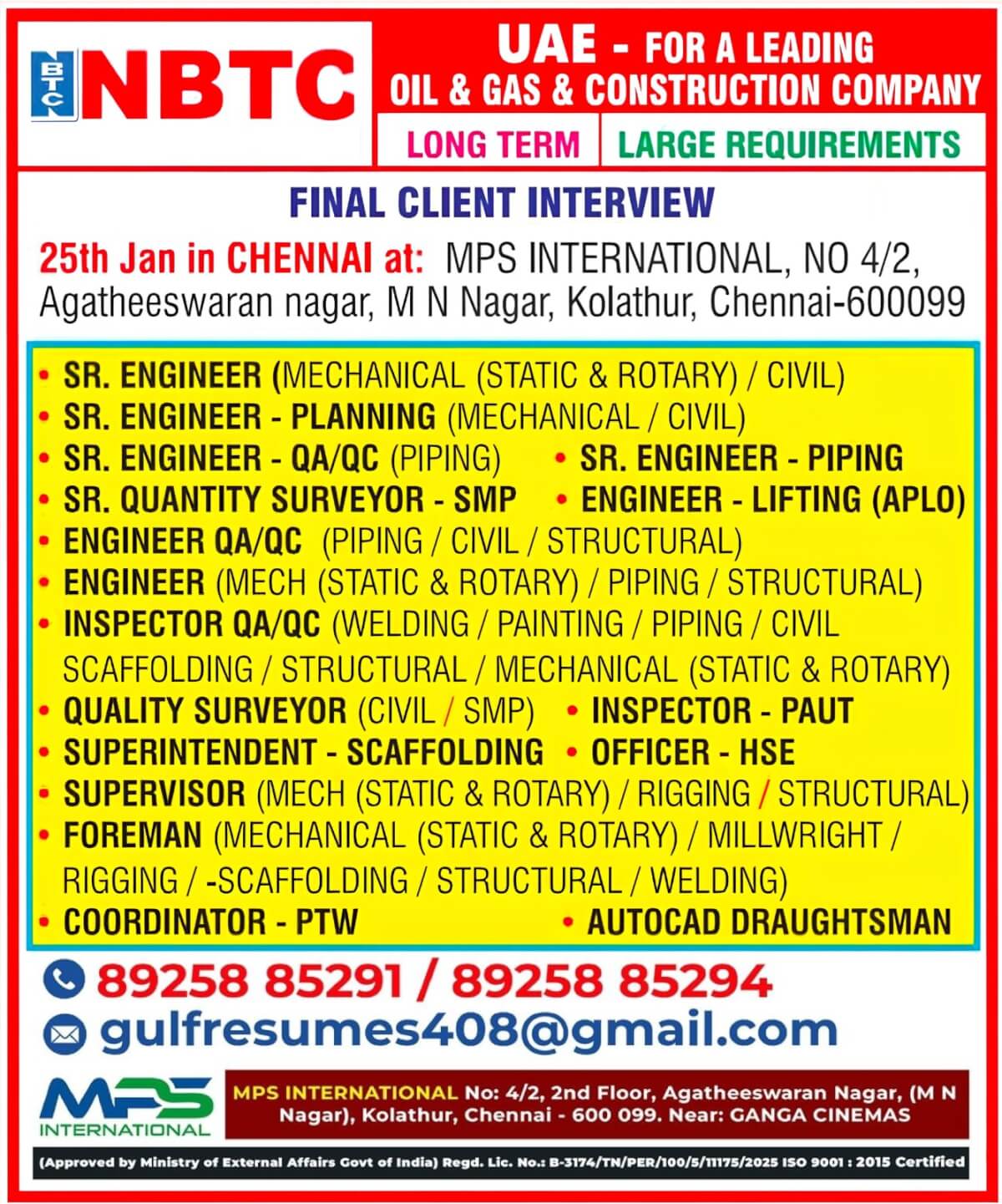URGENT REQUIREMENT FOR NBTC - UAE FOR A LEADING OIL & GAS & CONSTRUCTION COMPANY FINAL CLIENT INTERVIEW 25th Jan in CHENNAI URGENT REQUIREMENT FOR NBTC - UAE FOR A LEADING OIL & GAS & CONSTRUCTION COMPANY FINAL CLIENT INTERVIEW 25th Jan in CHENNAI